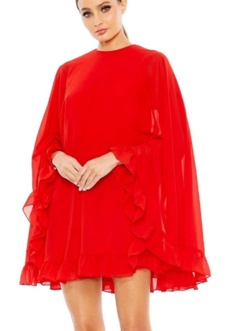 Ieena by Mac Duggal High Neck Ruffle Hem Cape Mini Dress Red Women's Size 14 NWT